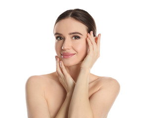 Portrait of young woman with beautiful face on white background