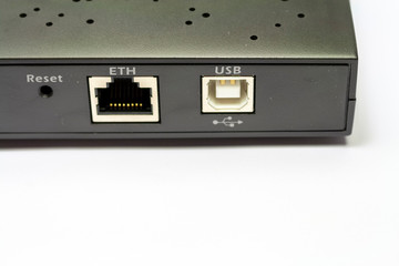 Old router modem isolated on white background.