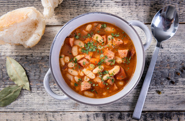 Baked beans in tomato sauce with chopped sausage