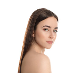 Fototapeta premium Portrait of young woman with beautiful face on white background