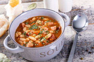 Baked beans in tomato sauce with chopped sausage