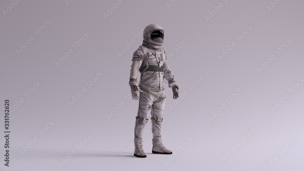 Wall mural retro astronaut with black visor and silver white spacesuit with light grey background with neutral 