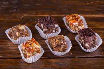 Sweets of dried fruits, nuts and chocolate