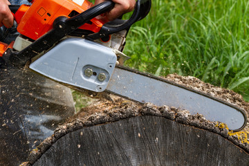 Man working by chain saw.