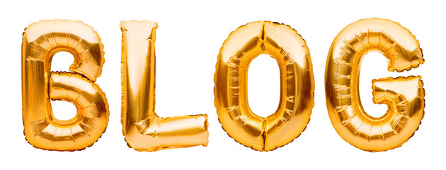 Golden word BLOG made of inflatable balloons isolated on white background. Gold foil balloon letters. Social media, blog, communication concept.