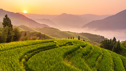 Beautiful sunrise over the rice terraces in Ping'an village, China