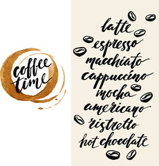 Hand drawn ink lettering with coffee cup prints and stains. Coffee menu set. Latte, espresso, cappuccino, mocha.