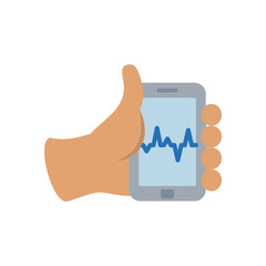 hand holding a portable cardio monitor icon, flat style