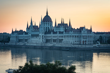 Fototapeta na wymiar The Budapest Parliament at dawn, a stately gothic building in Hungary 2019