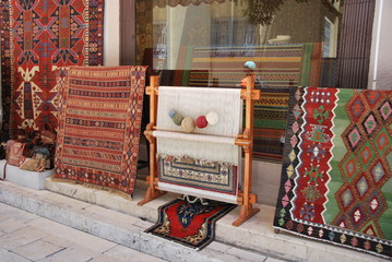 Traditional Turkish carpets on the street market.