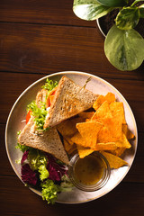 Variety of classic traditional american tasty junk unhealthy food on wooden background with copy space. Sandwiches and Chips.