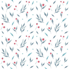 Abstract floral pattern with grey leaves and red berries