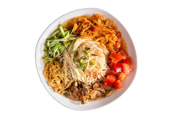 Lagman. Noodles with veal, tomatoes, cucumbers and other spices in the broth.
