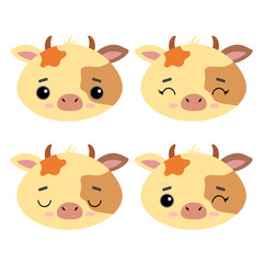 Set of cute vector illustrations with pets. Emotional cow, bull isolated on a white background. Farm. Design for children, poster, print on fabric, greeting card.