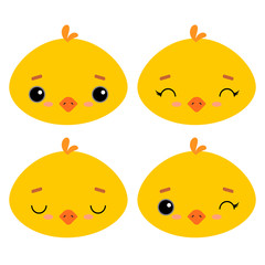 Set of cute vector illustrations with farm animals. Emotional chicken, duckling isolated on a white background. Easter theme. Design for children, poster, print on fabric, greeting card.