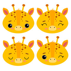Set of cute vector illustrations with wild animals. Emotional giraffe Isolated on a white background. Design for children, poster, print on fabric, greeting card.
