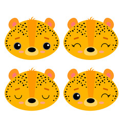 Set of cute vector illustrations with wild predatory animals. Emotional leopard, cheetah isolated on a white background. Design for children, poster, print on fabric, greeting 