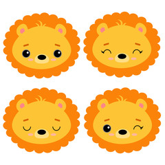 Set of cute vector illustrations with wild predatory animals. Emotional lion isolated on a white background. Design for children, poster, print on fabric, greeting card.