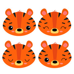 Set of cute vector illustrations with wild predatory animals. Emotional tiger Isolated on a white background. Design for children, poster, print on fabric, greeting card.