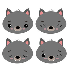 Set of cute vector illustrations with wild forest animals. Emotional wolf Isolated on a white background. Design for children, poster, print on fabric, greeting card.