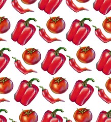 set of red and green peppers isolated on white background