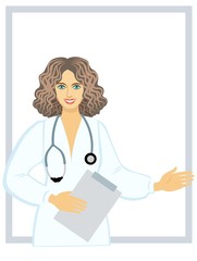 a smiling female medic in a white coat with a stethoscope. color drawing by hand. the doctor points his hand at something. the topic of health. advertising model. poster, print, leaflet, banner, templ