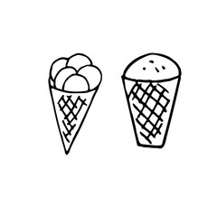 hand-drawn vector illustration, element without background, ice cream in a cone and in a cup ice cream