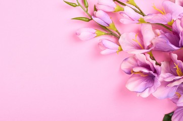 Fototapeta na wymiar Decorative flowers on pink background composition.