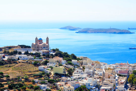 aerial view of the Orthodox cathedral which overlooks Ermopouli, "the City of Hermes", capital of Syros, famous Cyclades island in the heart of the Aegean Sea