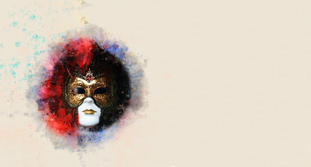 Postcard of watercolor style and abstract image of elegant venetian mask. Italy