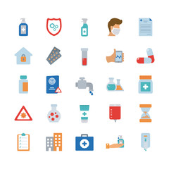 antibacterial gel bottle and covid 19 concept icon set, flat style