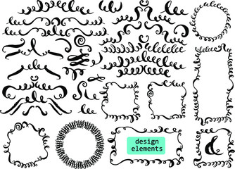Set of hand drawn ink decorative elements for page and text design. Flourishes, swirls, curves, loops, dividers, headers, round and square frames.