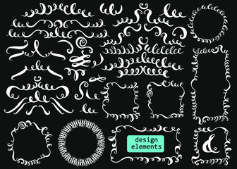 Set of hand drawn ink decorative elements and frames for page and text design. Flourishes, swirls, curves, loops, dividers, headers.