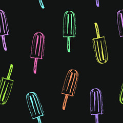 Summer drink and dessert colorful seamless pattern. Rough black ink sketch of watermellon section, pineapple, cocktail , ice cream. 