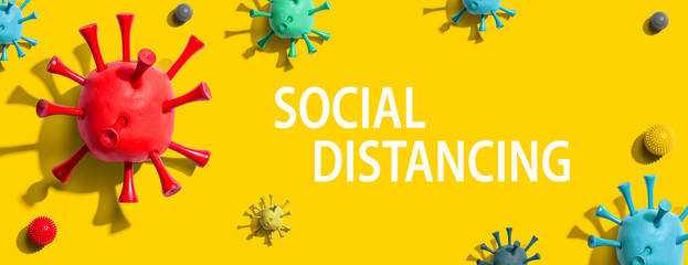 Social Distancing theme with virus craft objects - flat lay