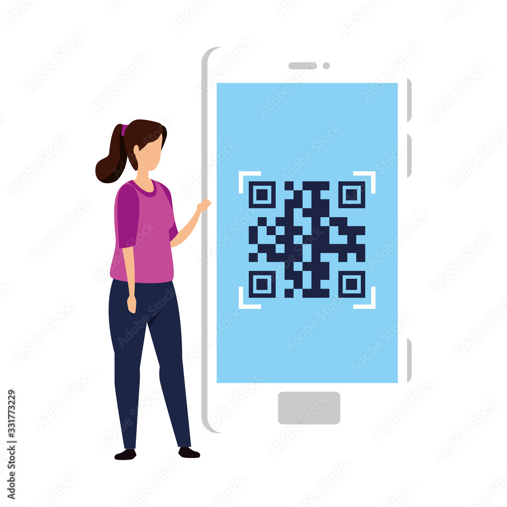 Poster woman and smartphone device with scan code qr vector illustration design