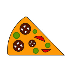 Pizza icon. Outline. Yellow, brown, green and red colors. Sausage, tomate, olive.