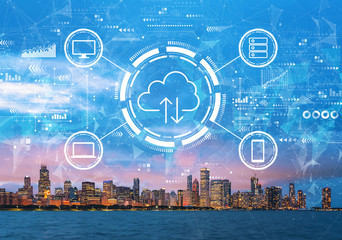 Cloud computing with downtown Chicago cityscape skyline with Lake Michigan