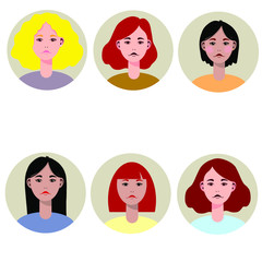 Vector set of different characters faces, avatars. Isolated. Hand drawn illustration. Hair style.