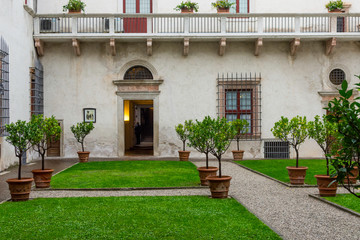 Courtyard of a historic castle complex in Trento, Italy. Trees in pots mark the way. Tourists walk among the colonnades.