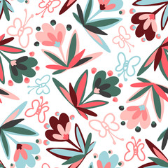 Modern seamless vector botanical pattern with garden spring pink flowers on a white background. Can be used for printing on paper, stickers, badges, bijouterie, cards, textiles. 