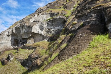 Easter Island – Unfinished Moai stone statue at the Ranu Raraku vulcano stone quarry