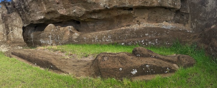 Easter Island &ndash; Unfinished Moai stone statue at the Ranu Raraku vulcano stone quarry
