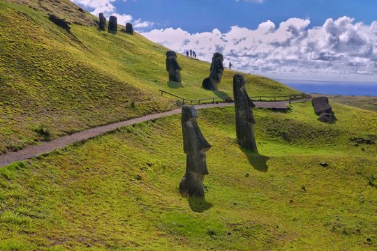 Easter Island &ndash; Moai stone statues at the Ranu Raraku vulcano stone quarry