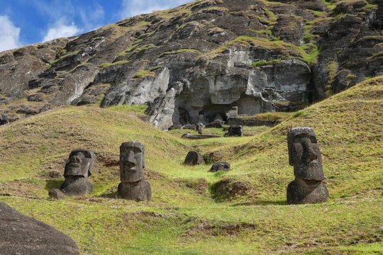 Easter Island &ndash; Moai stone statues at the Ranu Raraku vulcano stone quarry