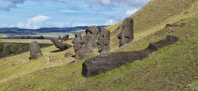 Easter Island &ndash; Moai stone statues at the Ranu Raraku vulcano stone quarry