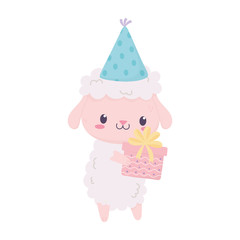 happy birthday cute sheep with party hat and gift animal cartoon