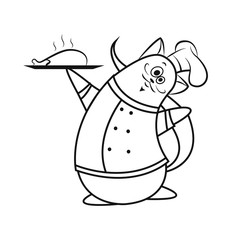 Fototapeta premium Coloring page with cat for children. Outline chef cat isolated on white background. Funny cartoon cat cook for coloring book.
