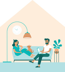 Coronavirus outbreak covid-19 self quarantine concept. Family working from home. Man and woman sitting on couch and working on laptop. Flat cartoon vector illustration