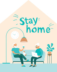 STAY HOME concept Elderly senior couple relaxing inside the house